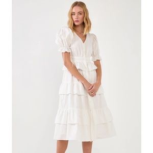 English Factory POPLIN BUTTON DOWN TIERED MIDI PUFF DRESS
